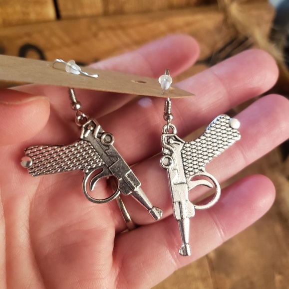 Silver Gun Earrings Military Pistol Handgun Ruger~Armed Forces~Army Gift idea - Picture 8 of 11